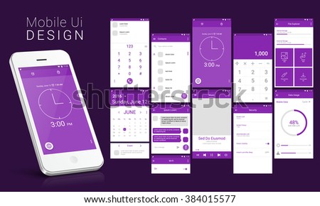 Material Design UI, UX Screens, flat web icons for mobile apps, responsive websites with Calling, Calendar, Contact List, Message, Stopwatch, Music, Calculator, Security, Search, Data Usages Features.