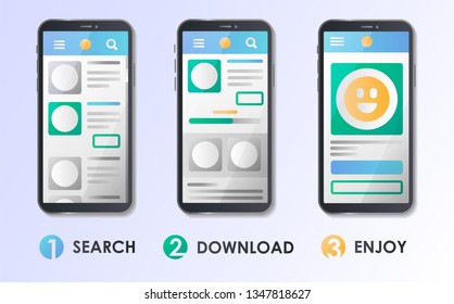 Material Design UI/UX/GUI Screens. Mobile apps kit template. User interface display. Concept for web page, banner, presentation, social media, ad. Flat vector illustration. Search, Download, Enjoy.