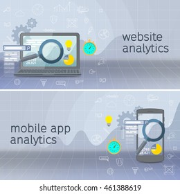 Anuncios de Vector de diseño de materiales con computadora portátil y teléfono negros. Análisis de Sitio web Búsqueda de información y datos informáticos utilizando dispositivos electrónicos y móviles modernos