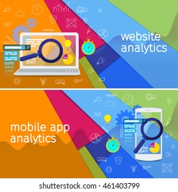 Material design vector banners with white laptop and phone. Website analytics search information and computing data using modern electronic and mobile devices
