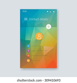 Material Design Vector User Interface. Contacts App Menu Set Of Icons. Low Poly Colorful Background. Eps10 Vector Illustration.