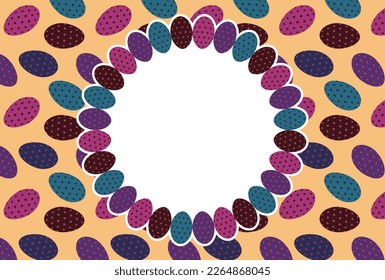 Material for Easter greeting cards with a frame of eggs lined up on a patterned egg background