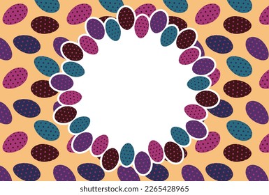 Material for Easter greeting cards with a frame of eggs lined up on a patterned egg background