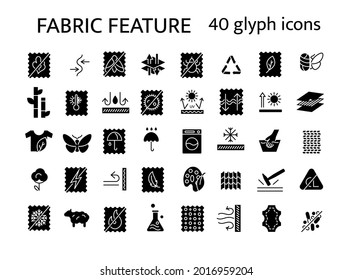 Material Feature Glyph Icons Set. Textile Industry. Different Properties Of Fiber. Wear Quality. Black Symbols Collection. Isolated Vector Stock Illustration
