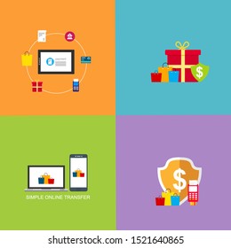 Material flat design icons set for online payment online. Internet payments, protection money transfer, online bank vector illustration. Landing page template