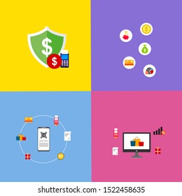 Material flat design icons set for online payment online. Internet payments, protection money transfer, online bank vector illustration. Landing page template