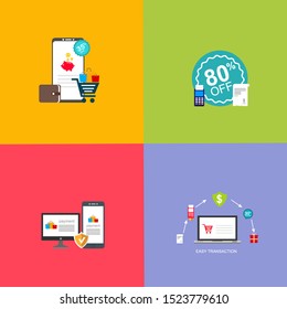 Material flat design icons set for online payment online. Internet payments, protection money transfer, online bank vector illustration. Landing page template