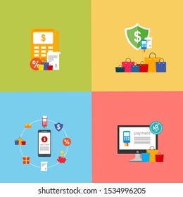 Material flat design icons set for online payment online. Internet payments, protection money transfer, online bank vector illustration. Landing page template