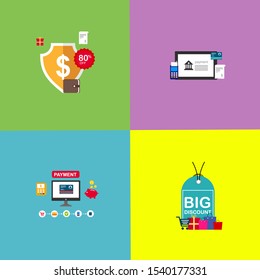 Material flat design icons set for online payment online. Internet payments, protection money transfer, online bank vector illustration. Landing page template