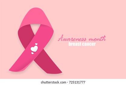 Material flat realistic pink ribbon with soft shadow support charity against breast cancer. Medical banner. Satin bow badge. Awareness woman October month.