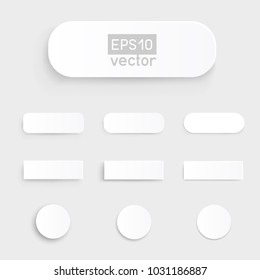 Material flat white button template design. Different simple buttons with shadow on light background. Paper empty badge banner label