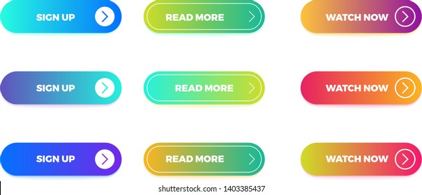 Material gradient flat design button. Modern vivid color buttons with icons. Web and ui application actions gradient navigation interface button sign up, read more and watch now isolated vector symbol