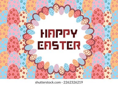 Material for greeting cards with Happy Easter characters in a circular frame of eggs on a background of lined eggs with patterns