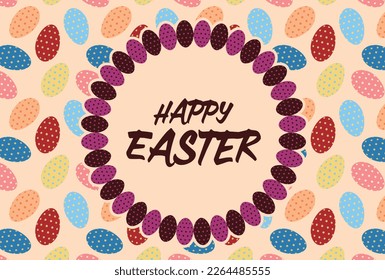 Material para tarjetas de felicitación con caracteres de Pascua Feliz en un marco circular de huevos en un fondo de huevos alineados con patrones