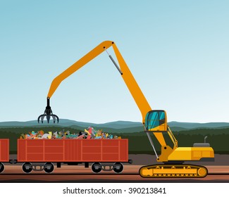 Material handler crane crawler machine with peel grab attachment. Vector illustration background