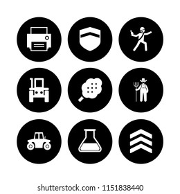 material icon. 9 material set with chemistry class flask with liquid for experimentation, tractor, cotton and print vector icons for web and mobile app