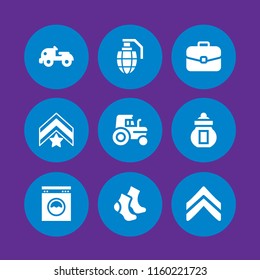 material icon. 9 material set with cotton, tractor, bag and grenade vector icons for web and mobile app