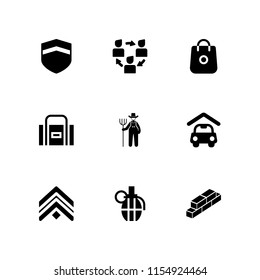 material icon. 9 material set with farm, carport, grenade and chevron vector icons for web and mobile app