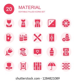 material icon set. Collection of 20 filled material icons included Tulip, Reuse, Sharpener, Exposure, Mint, Log, Rolls, Knitting neddles, Notification, Stone, Filament, Scotch