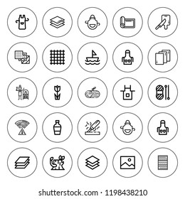 Material icon set. collection of 25 outline material icons with apron, carpet, chopping board, fabric, ground pad, log, layer, layers, mat, notification icons. editable icons.