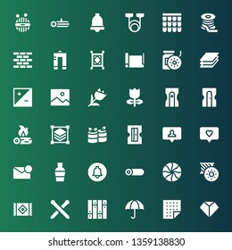 material icon set. Collection of 36 filled material icons included Sharpen, Fabric, Wet protect, Parquet, Knitting neddles, Carpet, Bobbin, Mint, Roll, Notification, Scotch, Sharpener