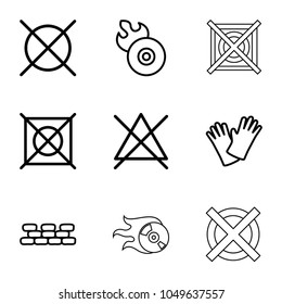 Material icons. set of 9 editable outline material icons such as no bleaching, no dry cleaning, gloves, disc flame