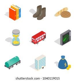 Material icons set. Isometric set of 9 material vector icons for web isolated on white background