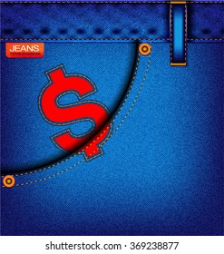 material jeans dollars element on a textured background , vector denim design