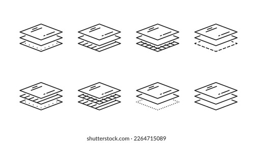 Iconos de capa de material. Tejidos, fibras, papel, filtros o capas de nivel impermeable. pila de hojas de papel, combinación de paneles de construcción o mezcla de materiales textiles símbolos vectoriales mínimos o iconos de contorno