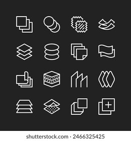 Material layers icons, white on black background. Multilayered structures and properties. Customizable line thickness