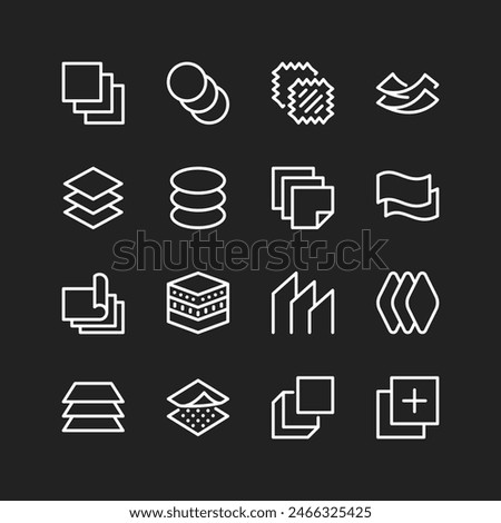 Material layers icons, white on black background. Multilayered structures and properties. Customizable line thickness