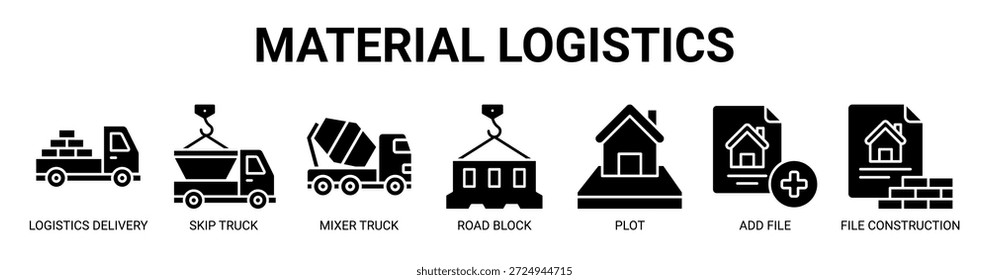 Material Logística web banner ícone vetor ilustração conceito para negócios com ícone de logística entrega, skip truck, caminhão misturador, bloqueio de estrada, plotar, adicionar arquivo, construção de arquivo.