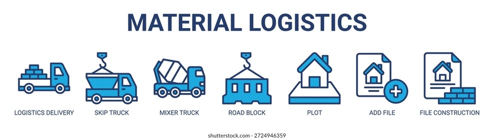 Material Logística web banner ícone vetor ilustração conceito para negócios com ícone de logística entrega, skip truck, caminhão misturador, bloqueio de estrada, plotar, adicionar arquivo, construção de arquivo.