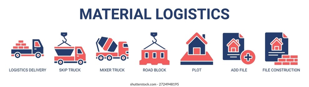 Material Logística web banner ícone vetor ilustração conceito para negócios com ícone de logística entrega, skip truck, caminhão misturador, bloqueio de estrada, plotar, adicionar arquivo, construção de arquivo.