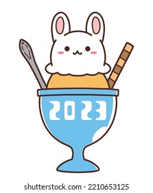 Material for New Year's cards in 2023 with rabbit-shaped ice cream and 2023 numbers