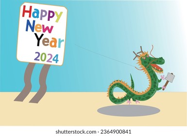 Material for New Year's cards in 2024. A dragon is flying a kite to celebrate the new year.