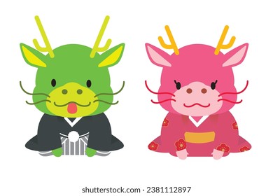 Material for New Year's cards, 2024 Year of the Dragon, a cute Japanese-style illustration of a dragon greeting a couple of zodiac animals.