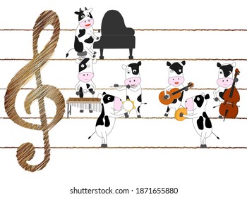 Material for New Year's cards where cows are holding concerts to celebrate the 2021 New year.