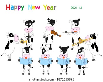Material for New Year's cards where cows are holding concerts to celebrate the 2021 New year.