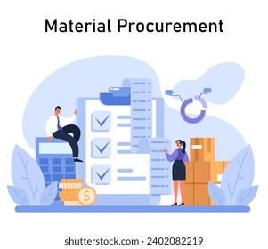 Material Procurement process concept. Experts manage inventory and costs with thorough checks and balances. Supply chain efficiency in action. Flat vector illustration