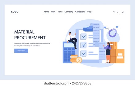 Material Procurement process concept. Experts manage inventory and costs with thorough checks and balances. Supply chain efficiency in action. Flat vector illustration