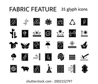 Material properties glyph icons set. Fiber diversity. Uv protection, fireproof fiber. Organic cotton, wool, silk. Textile industry. Black symbols collection. Isolated vector stock illustration
