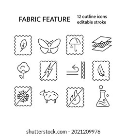 Conjunto de iconos de esquema de calidad de material. Industria textil. Función de tejido. Cuidado fácil, protección contra la polilla. Colección de símbolos de contorno lineal personalizable. Trazo editable. Ilustración aislada de las existencias vectoriales
