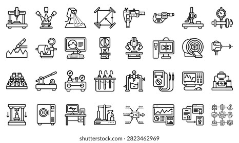 Material Quality Testing Metrology Measurement Equipment Laboratory Line Icon Set