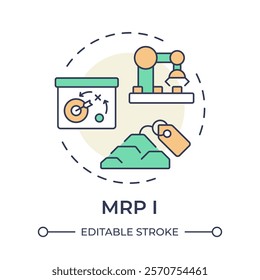 Material requirements planning multi color concept icon. MRP in manufacturing regulation. Inventory management. Round shape line illustration. Abstract idea. Graphic design. Easy to use in article