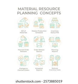 Material resource planning duo tone concept icons. Production inventory and supplies. Industrial management. Icon pack. Vector images. Round shape illustrations for brochure. Abstract idea