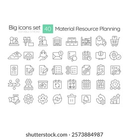 Material resource planning linear icons set. System of manufacturing scheduling and inventory management. Customizable thin line symbols. Isolated vector outline illustrations. Editable stroke