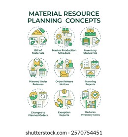 Material resource planning multi color concept icons. Production inventory and supplies. Industrial management. Icon pack. Vector images. Round shape illustrations for brochure. Abstract idea