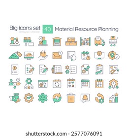 Material resource planning RGB color icons set. System of manufacturing scheduling and inventory management. Isolated vector illustrations. Simple filled line drawings collection. Editable stroke