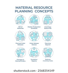 Material resource planning soft blue concept icons. Production inventory and supplies. Industrial management. Icon pack. Vector images. Round shape illustrations for brochure. Abstract idea